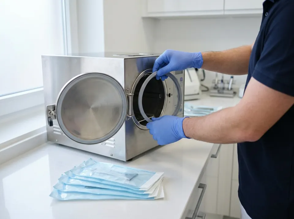 Troca da vedação da porta de uma autoclave de bancada