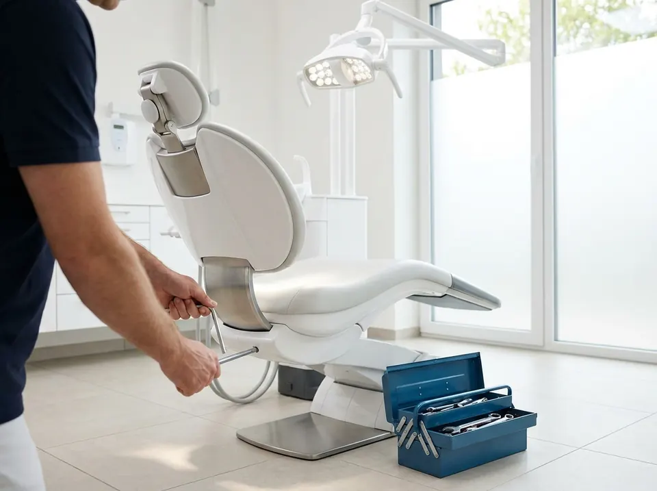 Técnico ajustando a base hidráulica de uma cadeira odontológica