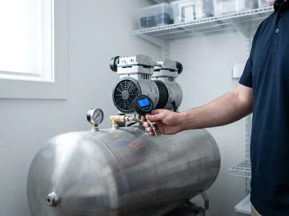 Técnico medindo a pressão de um compressor odontológico isento de óleo