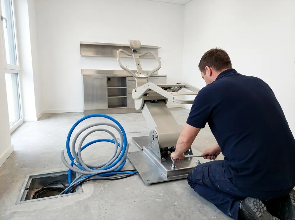 Técnico fixando a base da cadeira na montagem de um consultório novo